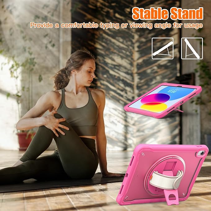 Case for iPad (A16) 11th/10th Generation 2025/2022 11/10.9 inch Rugged Shockproof Protective Cover with Screen Protector 360° Rotating Hand Strap&ampStand Pencil Holder Rose