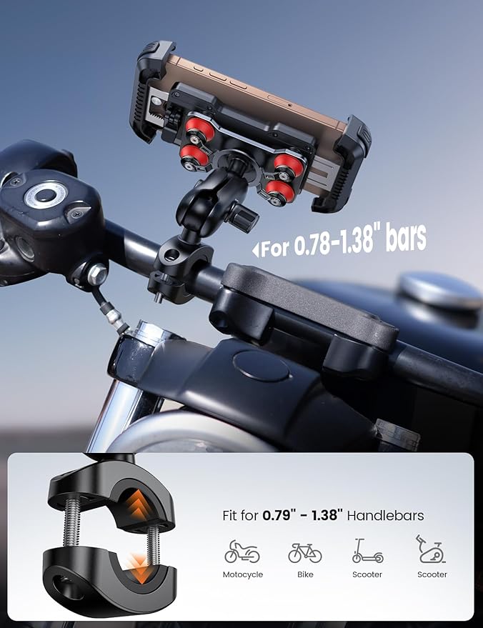 Lamicall Motorcycle Phone Mount Holder - [Dual Vibration Dampener] [Metal Adjustment Arm] Motorcycle Cell Phone Holder Bike Handlebar Phone Mount for iPhone 16 15 14 Pro Max 4.7-6.7 Phones Red