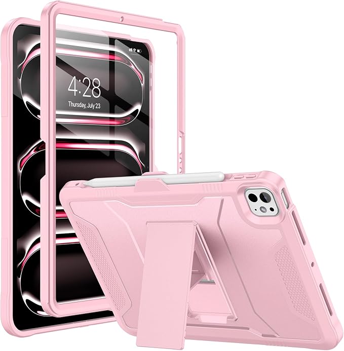 Soke Case for iPad Pro 11 Inch (M5) 2025/ (M4) 2024 with Built-in Screen Protector &amp Kickstand Rugged Full Body Heavy Duty Protective Cover with Pencil Holder - Pink