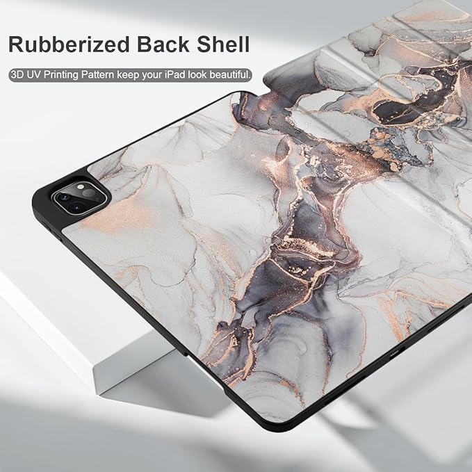 DONGKE Case for iPad Pro 12.9 inch 6th Generation 2022 Built-in Pencil Holder + Trifold Stand + Auto Wake/Sleep + Protective Cover for iPad Pro 12.9 5th/4th/3rd Gen - Grey Marble