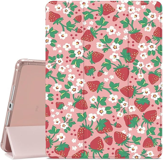 JOYLAND Cute Strawberry Printed Case for iPad Air 11 Inch M3(2025) / M2(2024) iPad Air 5th(2022) / 4th (2020) Gen 10.9 Inch Pencil Holder &amp Clear Transparent Back &amp Trifold Smart Pink Cover