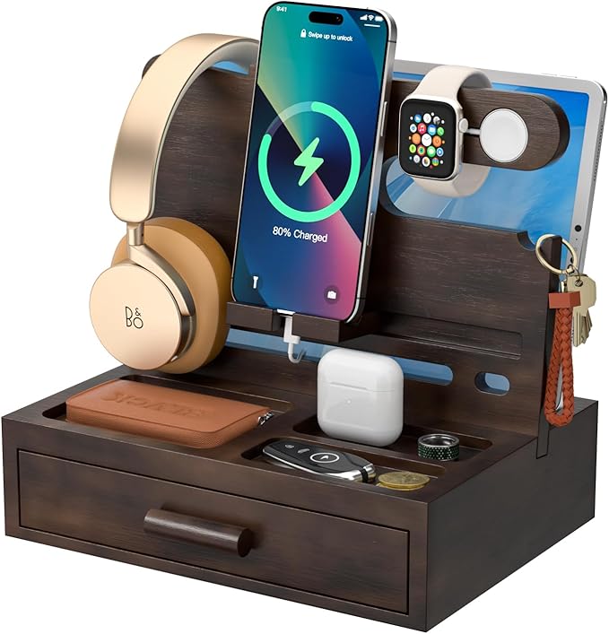 Sephyroth Bamboo Phone Docking Station Nightstand Organizer Bedside Organizer Cell Phone Stand Gifts for Men Dad Gifts for Boyfriend Gift for Husband with Drawer Storage (Brown)