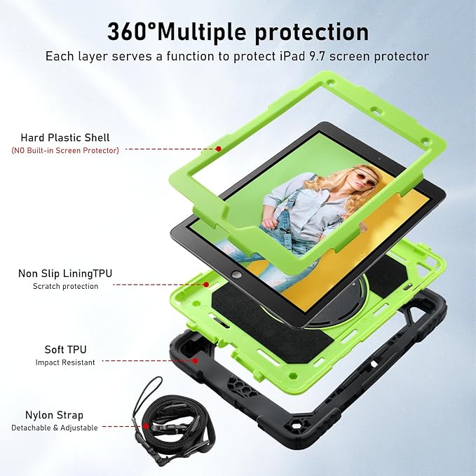 for iPad 6th Generation/iPad 5th Gen/iPad Air 2/iPad Pro 9.7 Case with Cute Key Chain Rugged Protective Case with Rotating Stand &amp Shoulder Hand Strap for iPad 6th/5th/ Air 2 (Black+Yellow)