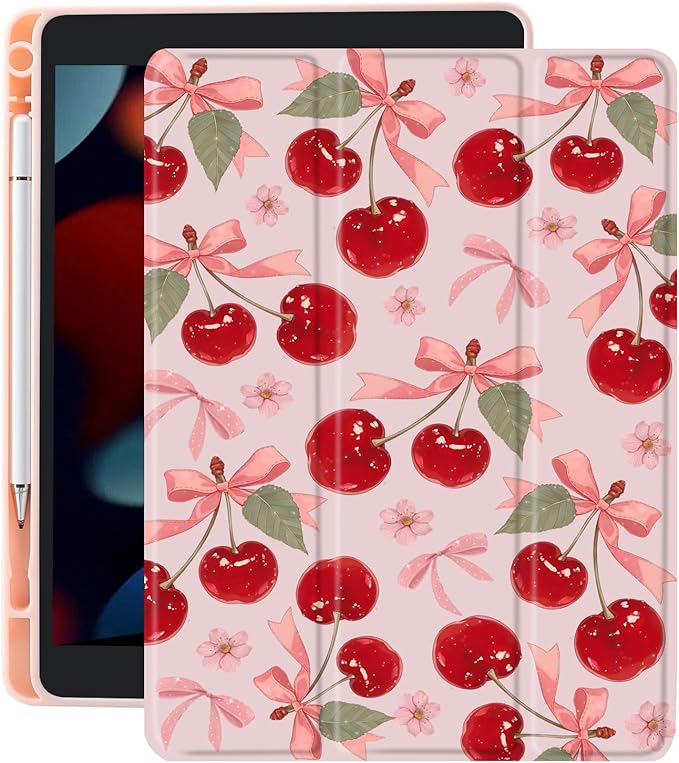 Cute Pink Bow Cherry Case for Ipad Air 11 Inch 2024 Cover Kawaii Design Shell Auto Sleep/Wake Anti-Slip Shockproof Cover with Clear Back Shell &amp Pencil Holder(Girl Women)