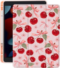 Cute Pink Bow Cherry Case for Ipad Air 11 Inch 2024 Cover Kawaii Design Shell Auto Sleep/Wake Anti-Slip Shockproof Cover with Clear Back Shell &amp Pencil Holder(Girl Women)
