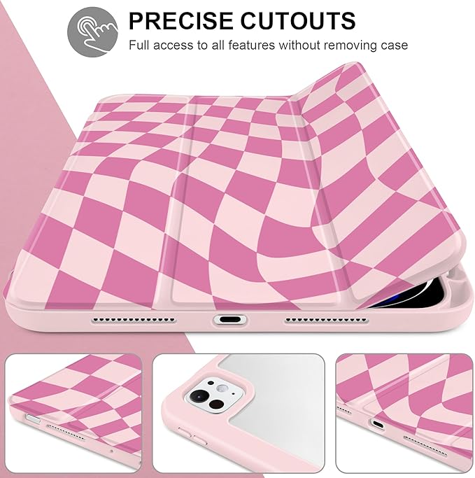 TWOLSKOO Case for iPad Pro 11-inch (M5 2025 / M4 2024) Clear Acrylic Back with TPU Bumper Pencil Holder Trifold Stand Auto Sleep/Wake Pink Wavy Checker