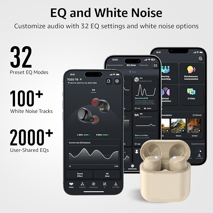 TOZO T6 Wireless Earbuds Bluetooth 5.3 Ear Buds Stereo Sound in Ear Headphones 50 Hours Playtime Wireless Charging Case APP Customizable EQs IPX8 Waterproof Earphones