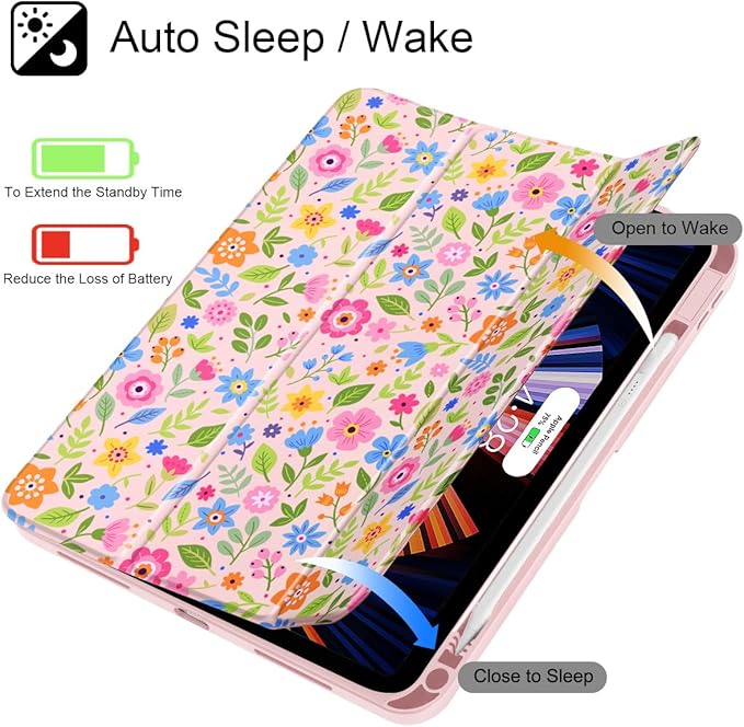 May Chen Case for iPad Air 13 Inch M4 2026 M3 2025 M2 2024 [Built-in Pencil Holder] Shockproof Cover with Clear Transparent Back Shell Auto Sleep/Wake Cover Small Flowers