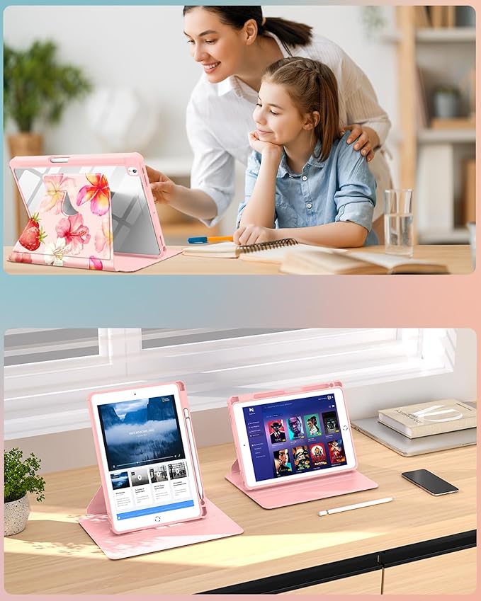 for iPad 9th/8th/7th Generation Case for iPad Air 3rd/ Pro 10.5” Case - 360 Rotating Stand Folio Smart Cover with Pencil Holder for Women Girls Hibiscus for Apple Tablet 7/8/9 Gen 10.2 inch
