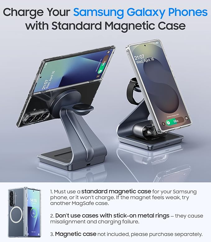 Magnetic Wireless Charger for Samsung 3 in 1 MagSafe Charging Station Aluminum Charger Stand for Galaxy S26/S25/S24/Ultra/Plus/Z Fold7/Flip7 Watch Charger Stand for Galaxy Watch Ultra 8 7 for Buds