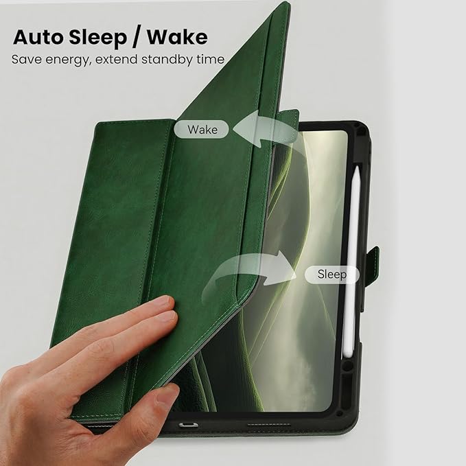 Handmade Case for iPad Air 13 Inch M4/M3/M2 (2026/2025/2024) with Pencil Holder PocketMagnetic ClosureMulti Angles StandTyping AngleFolio Protective CoverAuto Sleep/WakeGreen