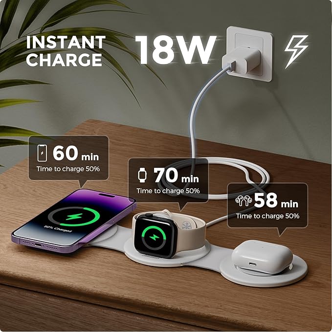 Hicober 3 in 1 Wireless Charging Station for iPhone 15 Magnetic Foldable Travel Charger Station Stand 18W for iPhone Air 17 16 15 14 13 12 Pro/Max/Plus/Apple Watch All Series &amp Airpods