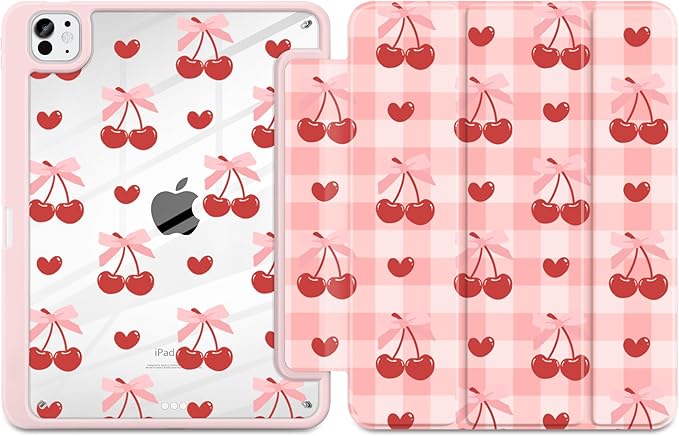 MecBevia Case for iPad Pro 11 inch M5 2025 / M4 2024 (6th/5th Gen) A3357 A3358 A3359 A2836 A2837 A3006 – Built-in Pencil Holder &amp Auto Wake/Sleep Pink Cherry Check