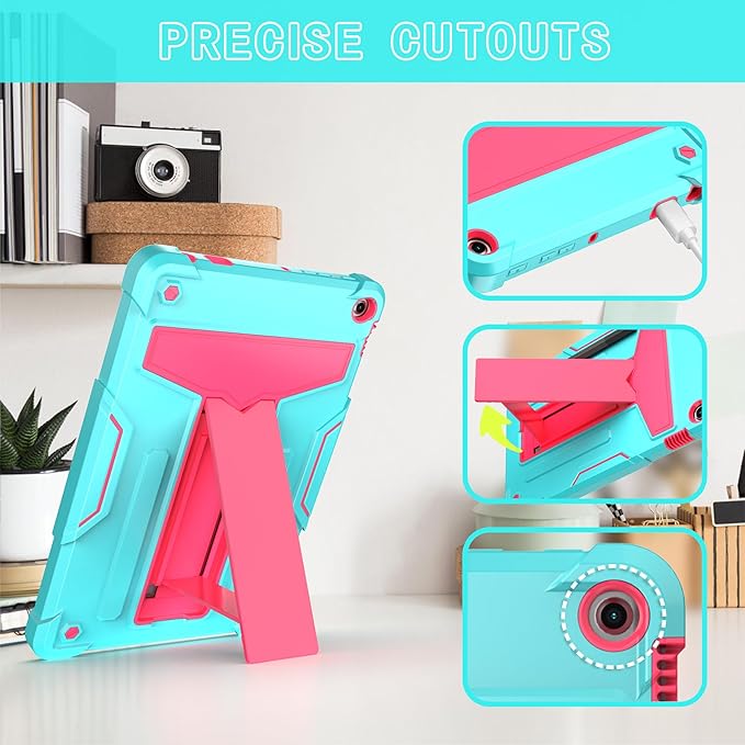 Case for Amazon Fire HD 10 Tablet 10.1 Inch Display (13th Generation 2023 Released) - Heavy Duty Hybrid Kickstand Case Cover + 1 Screen Protector and 1 Random Stylus (Teal/Pink)