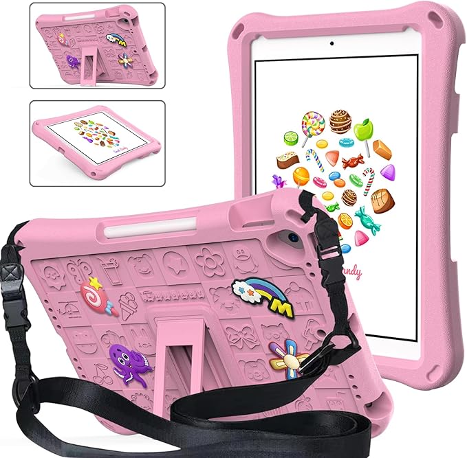 Case for iPad 10.2 Inch 2021/2020/2019/ iPad Pro 10.5 Inch/Air 3rd Gen (2019) Shoulder Strap Kickstand Children Friendly Anti-Scratch Shockproof Case Pink