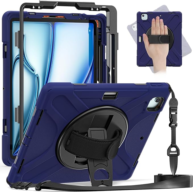 for iPad Air 13-inch M2 (2024) A2898/A2899 for iPad Pro 12.9 Rugged Case Portable Heavy Duty Shock-Proof Armor Cover with Swivel Kickstand/Hand Grip Shoulder Strap Pencil Holder (Navy)