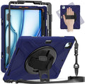for iPad Air 13-inch M2 (2024) A2898/A2899 for iPad Pro 12.9 Rugged Case Portable Heavy Duty Shock-Proof Armor Cover with Swivel Kickstand/Hand Grip Shoulder Strap Pencil Holder (Navy)
