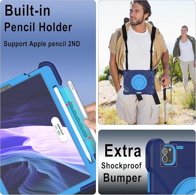 SCSVPN for iPad Air 5th/ 4th Generation 10.9'' Case iPad Pro 11 Inch Case 4th/3rd/2nd/1st Gen 2022 2021 2020 2018: Protection Kids Cover with Pencil Holder-Stand-Handle-Shoulder Strap Navy Blue