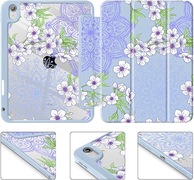 Mektron Case for 2026 iPad Air 13 inch M4 Cover Compatible 2025 iPad Air 13 inch M3 2024 iPad Air 13 inch M2 with Pencil Holder Shockproof Clear Shell Blossom Sakura-Blue
