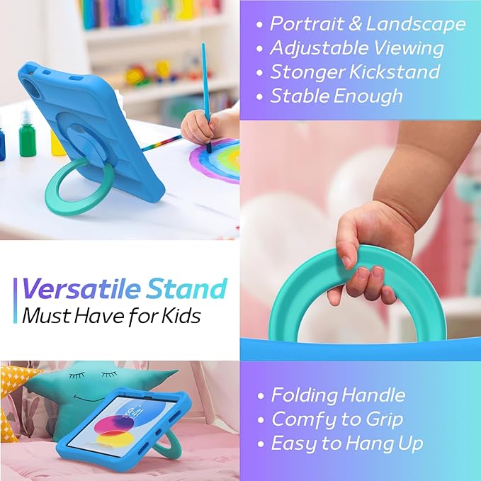 MRWHO Kids Case for iPad (A16) 11th Generation 11 inch 2025/ 10th Generation 10.9 inch 2022 - Sturdy Lightweight Flexible Shockproof Rotating Stand Handle Girls Boys Cover for iPad 11 10 Gen Blue