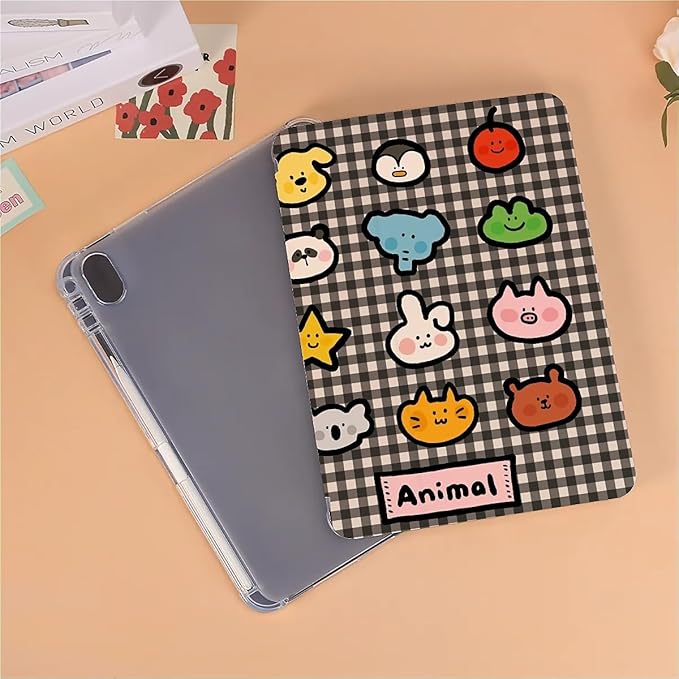Cute Animals On Black Stripes Case Compatible with IPad 9th 8th 7th Generation 10.9 Inch 2021-2018Funny Cover with Trifold Stand+Pencil Holder for Boys GirlsiPad 10.9in 2022
