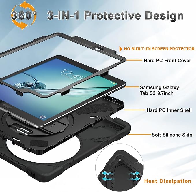 Galaxy Tab S2 9.7 Case - Dropproof Shockproof Heavy Duty Tablet Cover Rotatable Kickstand Handle Stand Hand Strap Shoulder Belt Carrying Case for Samsung SM-T810/T813/T815/T817/T818/T819 9.7 Black