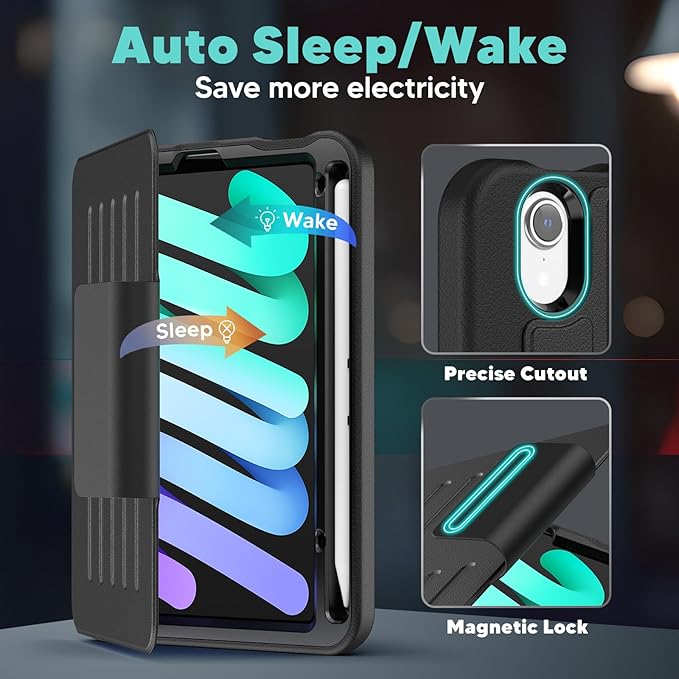 SEYMAC Case for iPad mini 7 (A17 Pro) / Mini 6 8.3″ Full Protective Auto Sleep/Wake Strong Magnetic Cover with 5 Standing Angles Pencil Holder Black