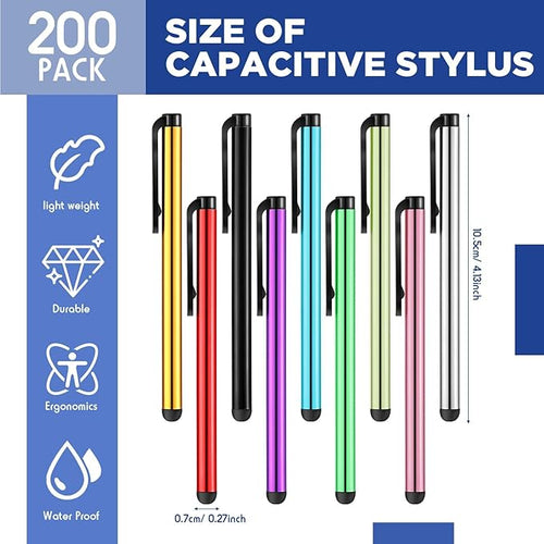 200 Pack Stylus Pens for Touch Screen Capacitive Touch Screen Stylus High Sensitivity Metal Tablet Pen Universal Fine Point Phone Pens for Back to School Universal Screens Device Tablet 10 Color