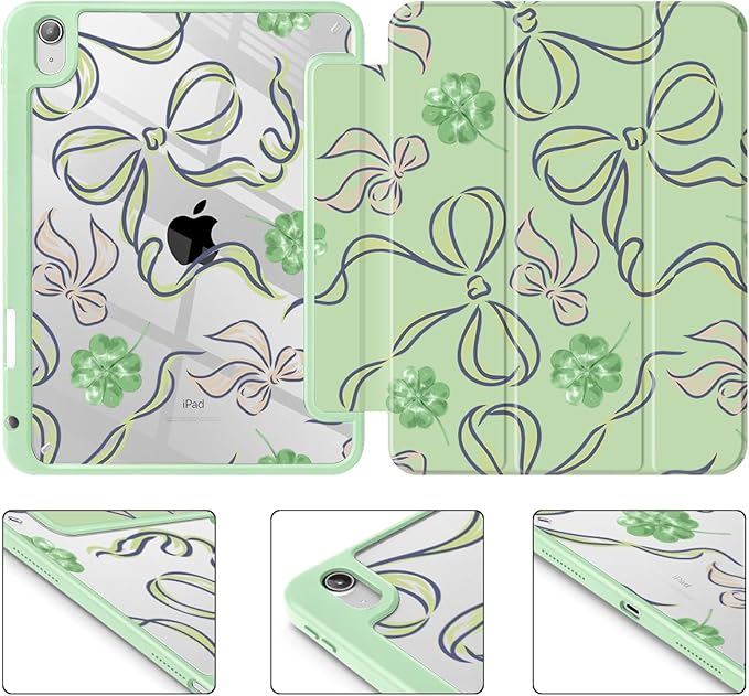 Case for iPad (A16) 11th Gen 11 Inch 2025 iPad 10th Gen 10.9 inch 2022 with Pencil Holder Slim Printed Stand Protective Cover with Hard PC Translucent Back Shell Cover Clover Bows