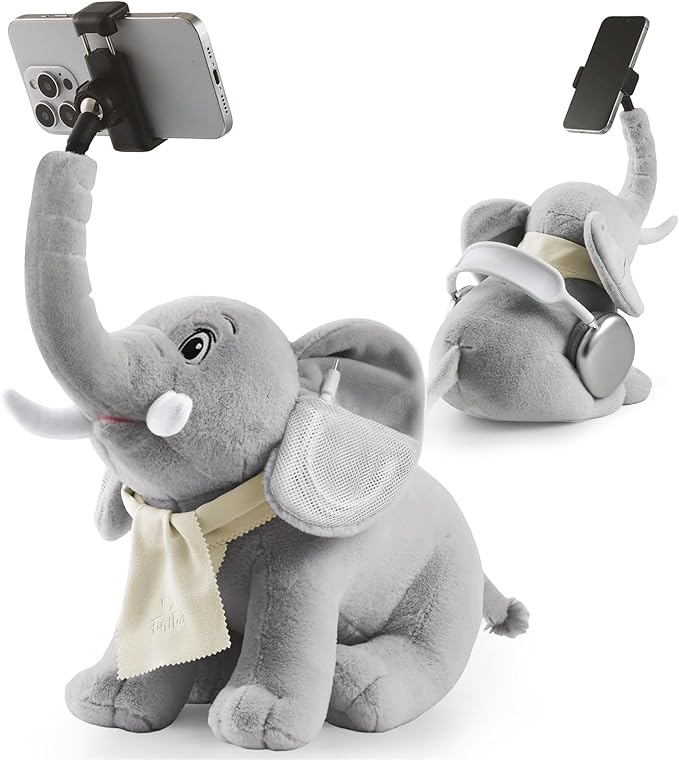 Phone Stand 360°Rotating Desk Phone Stand with 45°Adjustable Trunk Ear Pockets Glasses Cloth Scarf - Plush Phone Holder Back Fits Headphones Cell Phone Stand for desk Bed Sofa Car-Gray/Blue
