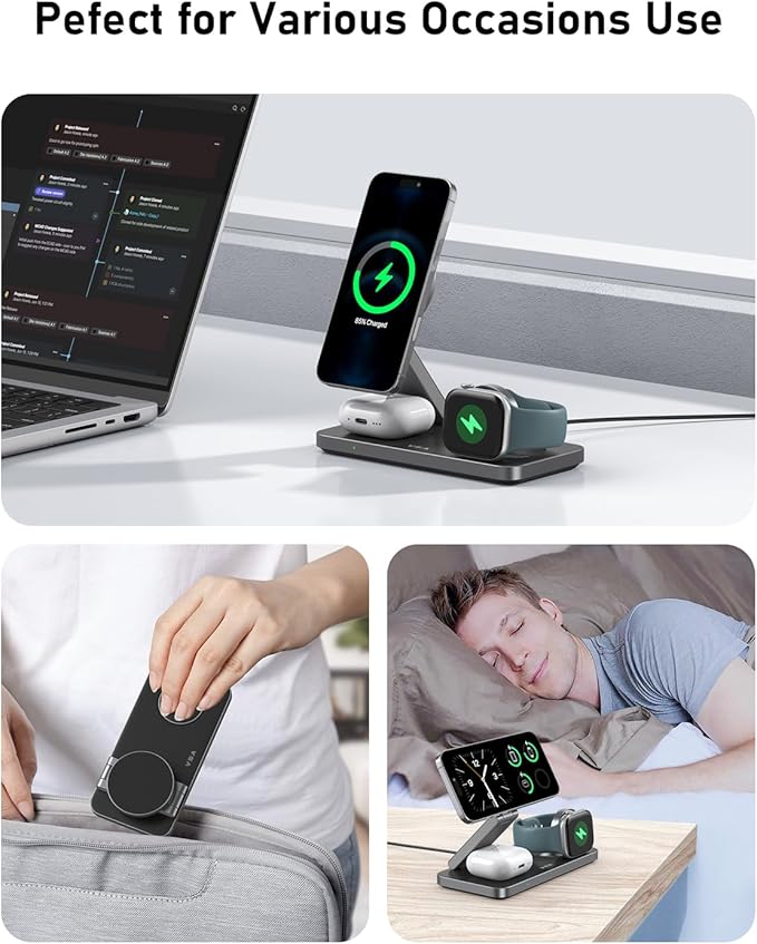 VBA 3 in 1 Wireless Charging Station for Apple MagSafe ChargerFoldable Fast Charging Magnetic Wireless Charger StandTravel Charger for iPhone 17 Air 16 15 14 13 12Apple WatchAirPods (Black)
