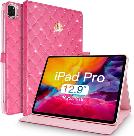 for iPad Pro 12.9 Inch Case 6th/5th/4th/3rd Generation (2022/2021/2020/2018)Crown Diamond Bling Cute PU Leather Smart Auto Sleep/Wake Stand Shockproof Protective Case for iPad 12.9Rose Red