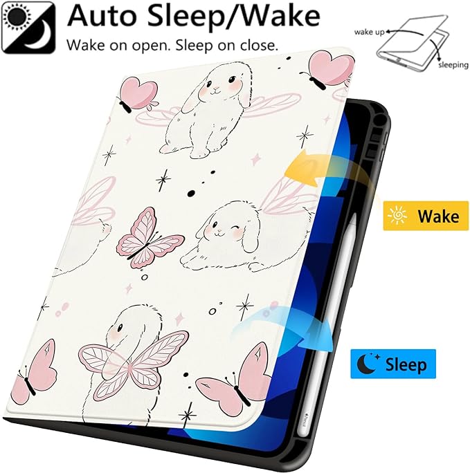 Cute Bunny Case for iPad Air 6th 11 2024/ iPad Air 5th 2022/Air 4th 2020 10.9Textured Folio Case with Pencil Holder Multi-Angle View Adjustable Stand Auto Wake/Sleep for Girls Boys