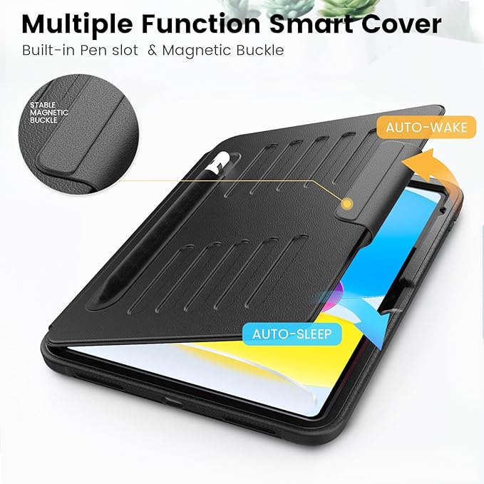 Case for iPad (A16) 11th/10th Generation 11''/10.9'' 2025/2022: Shockproof Protective Cover with Auto Wake/Sleep Strong Magnetic Multi-Angles Stand Pencil Holder Card Slot Black