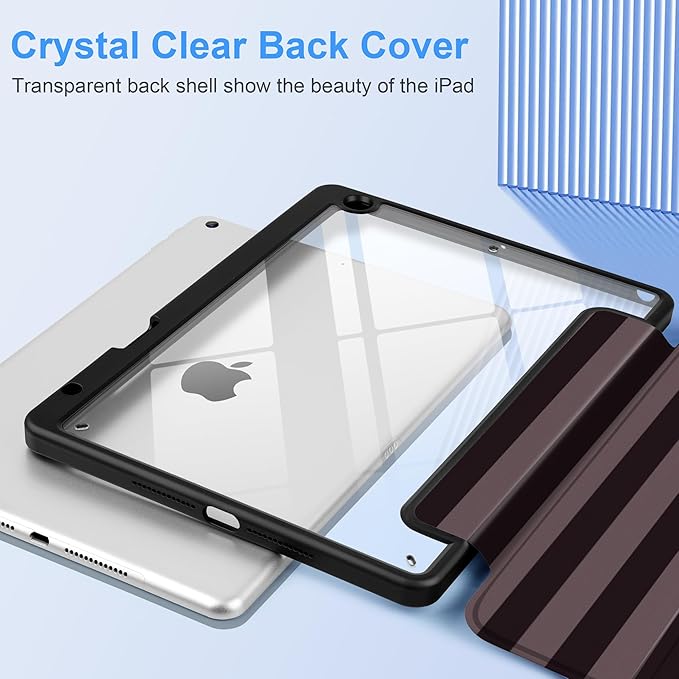 DONGKE for iPad 9th/8th/7th Generation Case 10.2 Inch (2021/2020/2019) [Auto Sleep/Wake &amp Pencil Holder] Clear Acrylic Back Trifold Stand Cover Brown Stripes