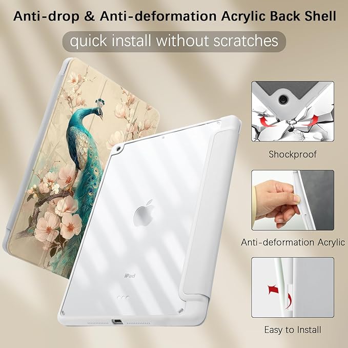 Aesthetic Flower Peacock Case for Ipad Pro 13 Inch M4 2024 Gorgeous Floral Bird Cover Chic Shell Auto Sleep/Wake Anti-Slip Shockproof Cover with Clear Back &amp Pencil Holder(Girls Women)