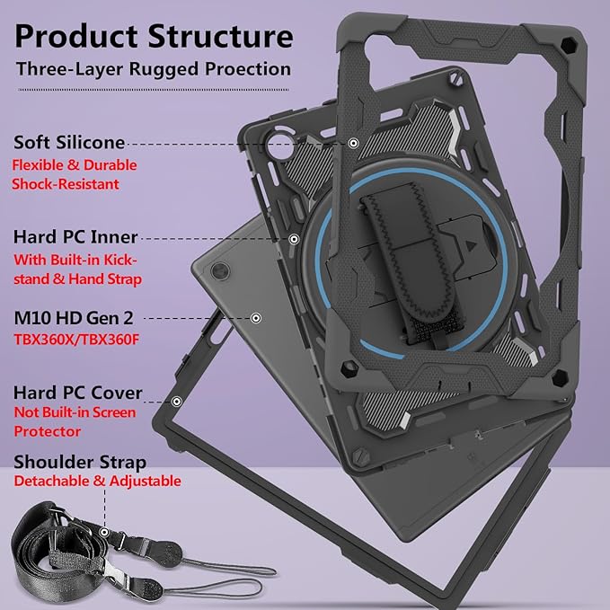 Tablet Case for Lenovo Tab M10 HD 2nd Genneration 10.1 2020 Model (TB-X306F TB-X306X) Rugged Protection Cover with Hand and Shoulder Strap 360 Rotating Kickstand Black