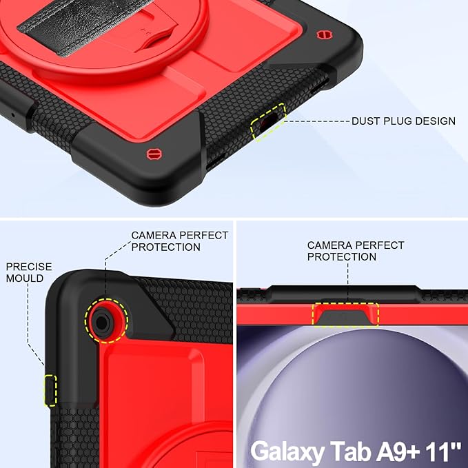 BMOUO for Samsung Galaxy Tab A9+ Plus Case 11 2023 (SM-X210/X216/X218) Shockproof Galaxy Tab A9 Plus Case with Rotating Stand and Hand/Shoulder Strap Red and Black