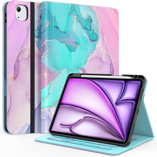 Case for iPad Air 11-inch M3/M2 (2025/2024) iPad Air 5th/4th Generation 10.9'' (2022/2020) iPad Pro 11 (4th/3rd/2nd/1st Gen) Multi-Angle Stand Cover with Pencil Holder Marble Teal Pink