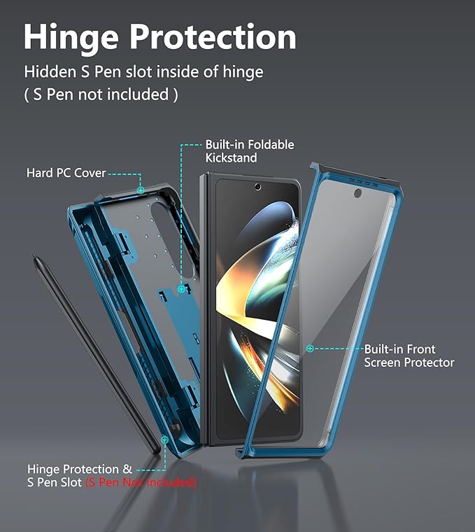 for Samsung Galaxy Z-Fold-4 Case: Military Grade Hinge Protection S-Pen Holder Heavy Duty Shockproof 360 Full-Body Protective Phone Cover with Kickstand for Galaxy ZFold 4 5G 2022 (Blue)