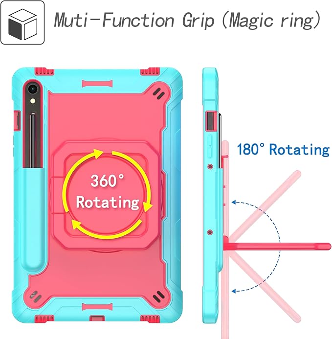Case for Galaxy Tab S9 FE+/Tab S9+ 12.4 inch Rugged Armor Heavy Duty Hybrid Cover with Adjustable Stand and Handle for Tab S9 Plus 12.4 with Shoulder Strap and S Pen Holder (Teal/Pink)
