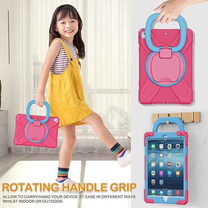 BRAECN Case for iPad 9.7 6th/5th Generation w/Pencil Holder 360 Degree Multi-Function Grip Stable Kickstand Carrying Strap 3-Layer Heavy Duty Silicone Case for iPad Pro 9.7/ iPad Air 2-Rose+Blue
