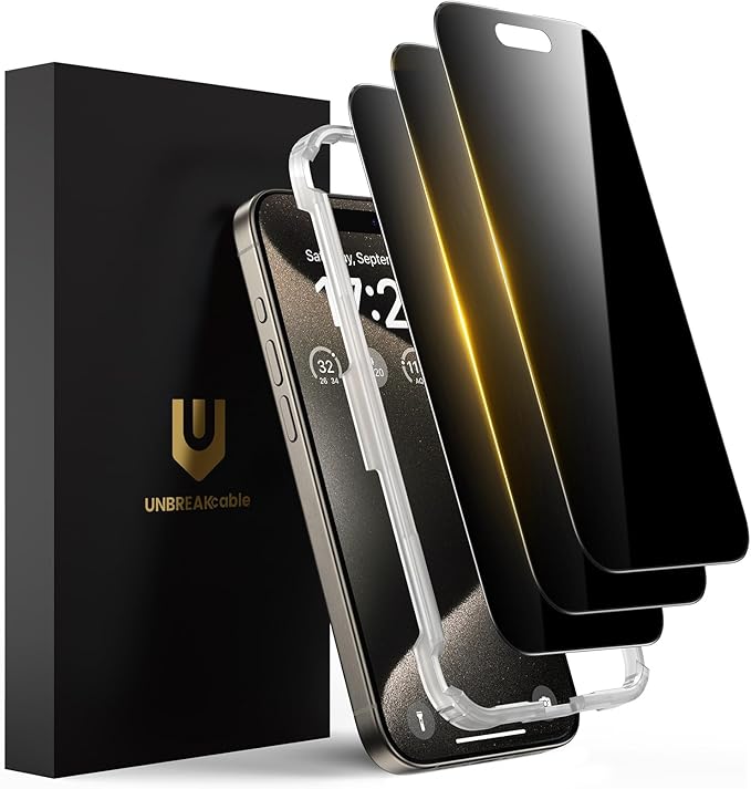 UNBREAKcable Privacy Screen Protector for iPhone 15 Pro (6.1) 25° Anti-Spy Tempered Glass Easy Install Alignment Frame Case-Friendly 9H Hardness Anti-Fingerprint 3-Pack
