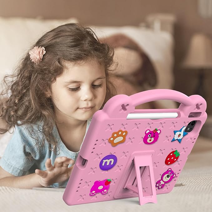 Dteck Case for iPad Air 5th/4th Gen 10.9 2022/2020iPad Pro 11 inch 4th/3rd/2nd/1st GenStrawberry Panda Shockproof Rugged Lightweight Convertible Handles Stand Kids Friendly Pencil Holder CasePink
