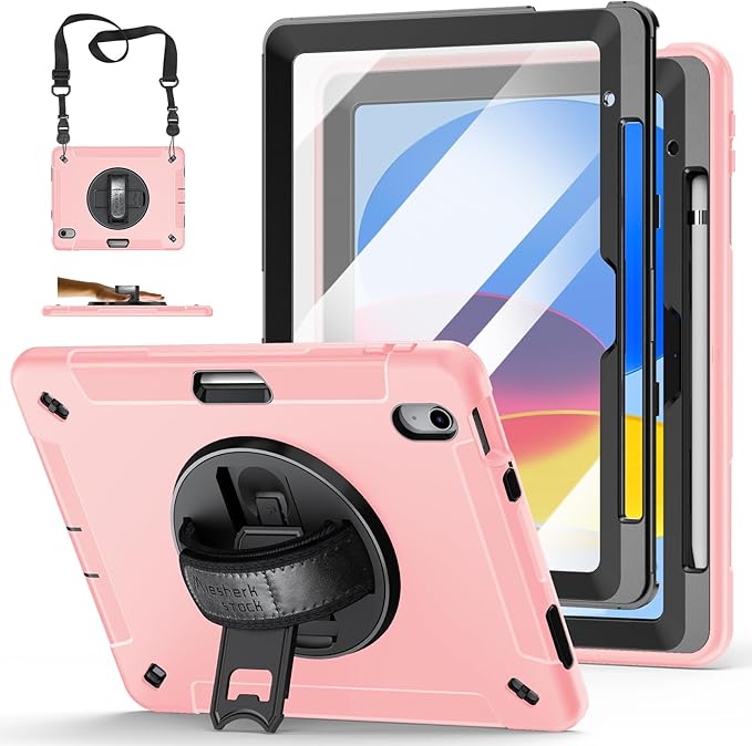 Case for iPad (A16) 11th/10th Generation Case: Protective Cover for iPad 11th Gen 11 Inch 2025 &amp10th Gen 10.9 2022 with Screen Protector- Stand- Shoulder Strap- Handle- Pencil Holder-Light Pink