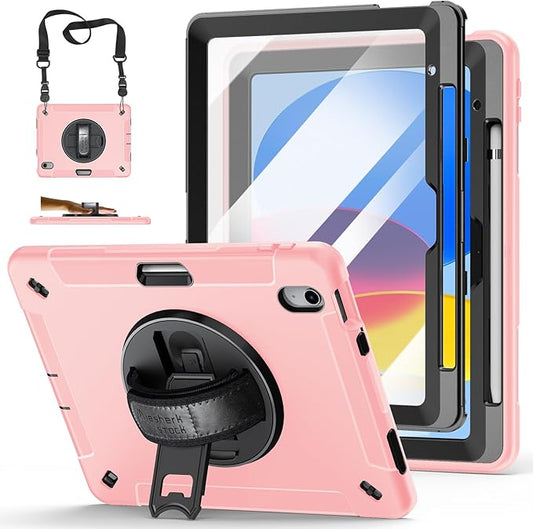Case for iPad (A16) 11th/10th Generation Case: Protective Cover for iPad 11th Gen 11 Inch 2025 &amp10th Gen 10.9 2022 with Screen Protector- Stand- Shoulder Strap- Handle- Pencil Holder-Light Pink