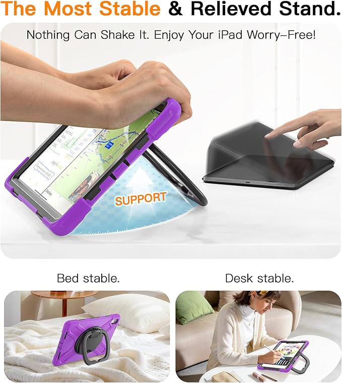 BATYUE Case for iPad (A16) 11th/10th Gen 11''/10.9'' 2025/2022 - Heavy Duty Shockproof Cover with 360° Rotating &amp 180° Folding Stand Screen Protector Shoulder Strap &amp Pencil Holder |Purple