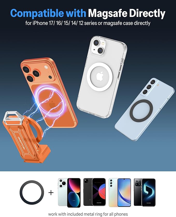 OMOTON TP02-Pro Magnetic Phone Holder for Vlogging Content Creator Essentials with 1/4 Screw Arca Strong Back Magnet for Gym Adjustable Phone Stand &amp Selfie Stick for iPhone 12-17 Series Ora