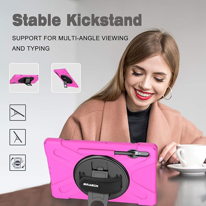 BRAECN for Samsung Galaxy Tab S10 Plus Case 2024/S9 Plus/S9 FE+/S8 Plus/S7 Plus /S7 FE 12.4 InchHeavy Duty Shockproof Case with S Pen Holder&amp360 Rotating Hand Strap/Kickstand Shoulder StrapPink