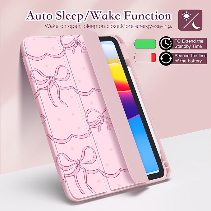 CISSOOK Case for iPad (A16) 11 inch (2025)iPad 10th Generation 10.9 inch (2022) with Pencil Holder Auto Wake/Sleep Premium Stand Case with Crystal Clear Hard Back TPU Shell Pink Bow